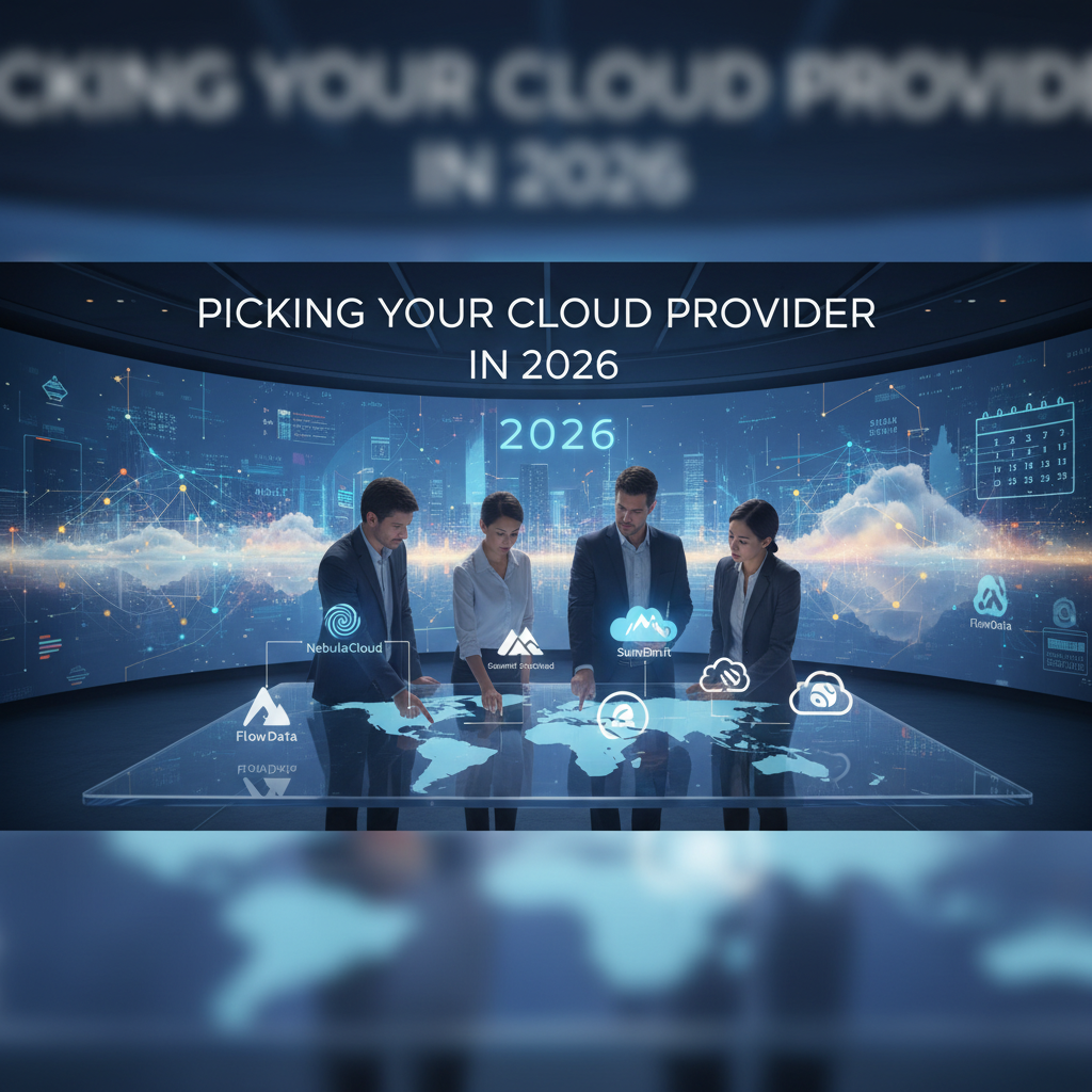 Professional blog header image for article titled: Picking Your Cloud Provider in 2026. High quality, relevant imagery, clean composition.