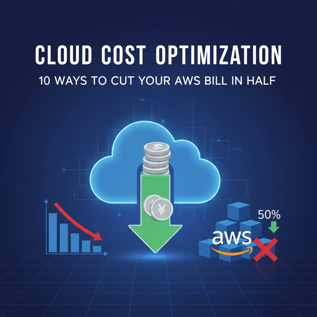 Professional blog header image for article titled: Cloud Cost Optimization: 10 Ways to Cut Your AWS Bill in Half. High quality, relevant imagery, clean composition.