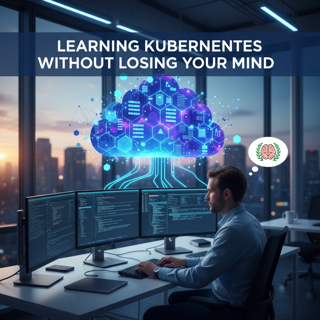 Professional blog header image for article titled: Learning Kubernetes Without Losing Your Mind. High quality, relevant imagery, clean composition.