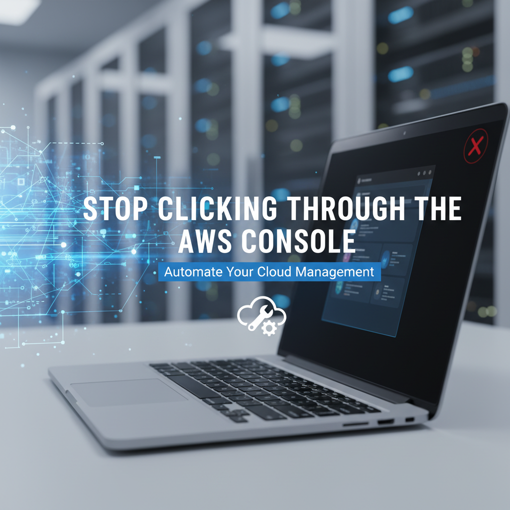 Professional blog header image for article titled: Stop Clicking Through the AWS Console. High quality, relevant imagery, clean composition.