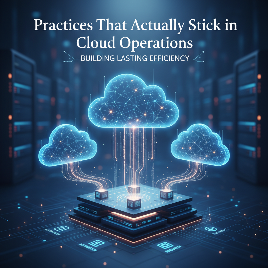 Professional blog header image for article titled: Practices That Actually Stick in Cloud Operations. High quality, relevant imagery, clean composition.