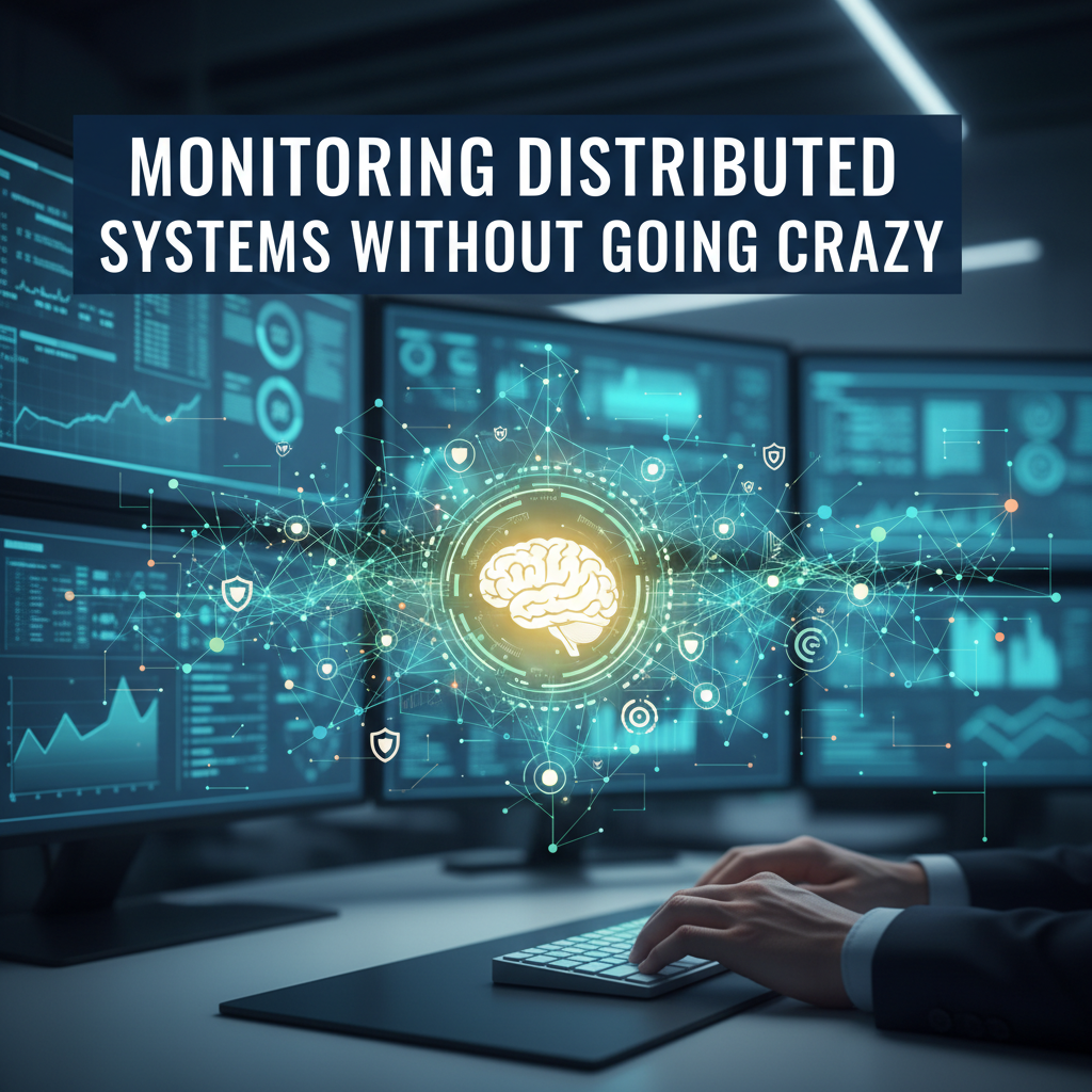 Professional blog header image for article titled: Monitoring Distributed Systems Without Going Crazy. High quality, relevant imagery, clean composition.