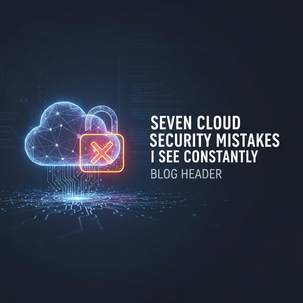 Professional blog header image for article titled: Seven Cloud Security Mistakes I See Constantly. High quality, relevant imagery, clean composition.